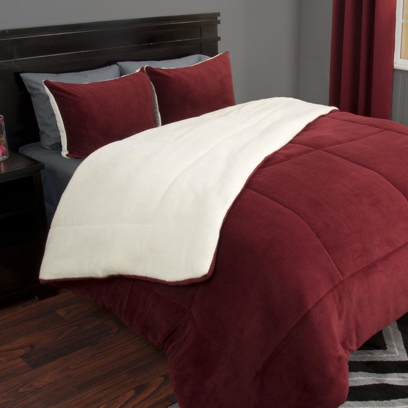 Lavish Home 3 Piece Sherpa/Fleece Comforter Set, King, Burgandy - Image 1